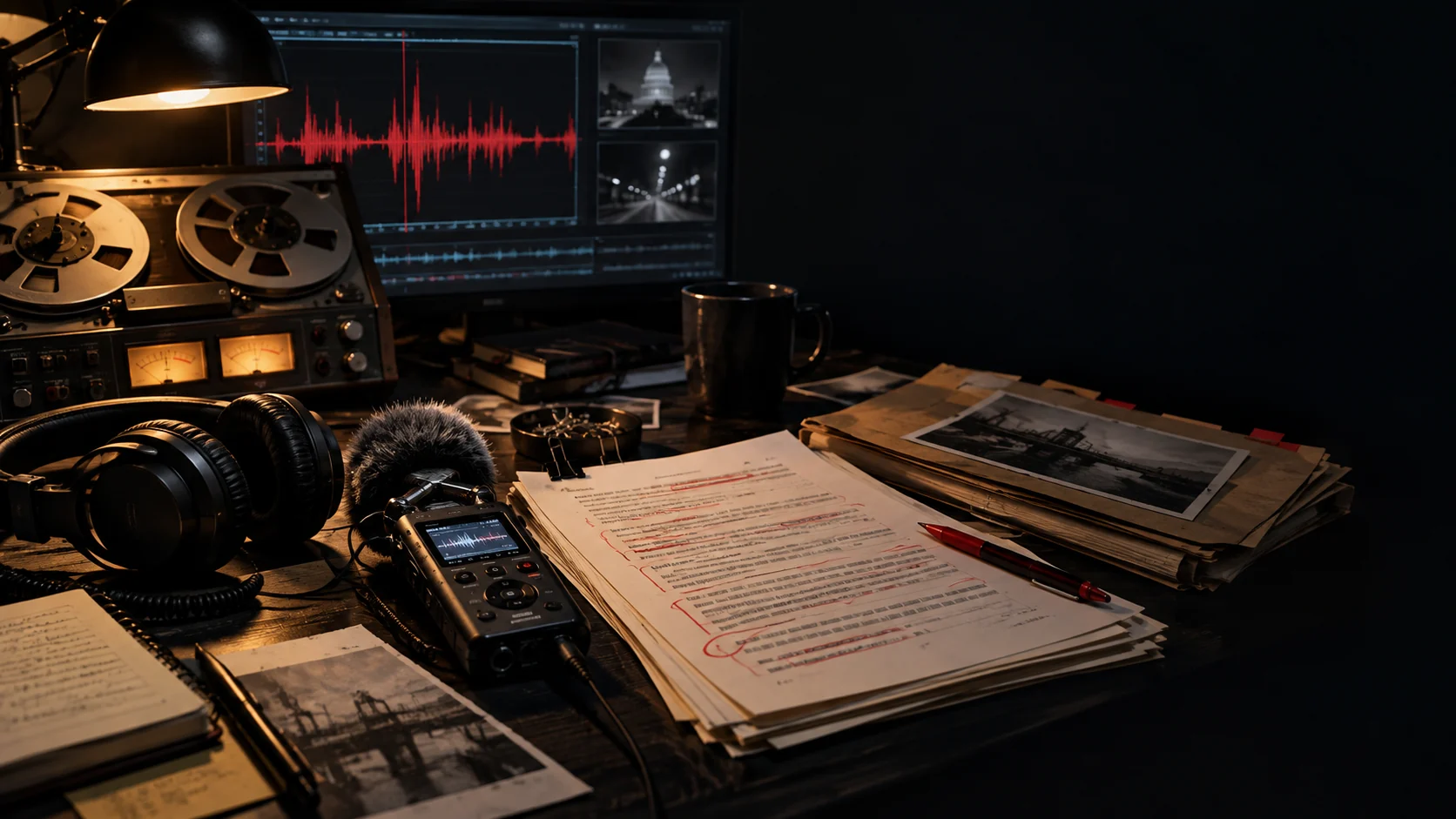 Meja penyuntingan audio dengan transkrip, recorder, dan reel tape